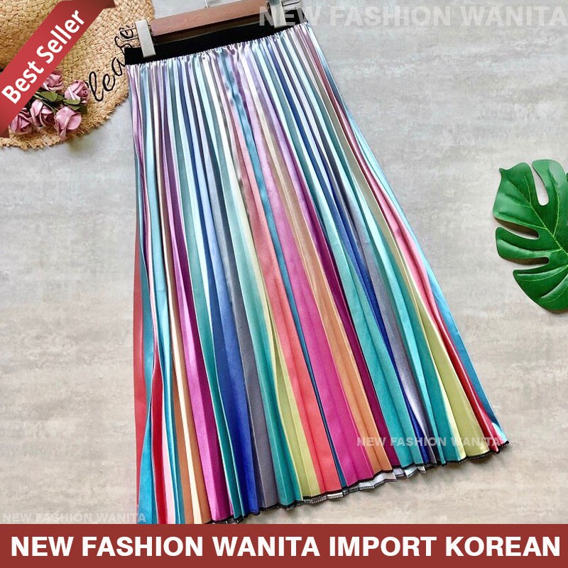 Rok Wanita Korea Satin Import Terbaru | Rok Midi Skirt Plisket Pelangi | Rok Plisket Rainbow RW321