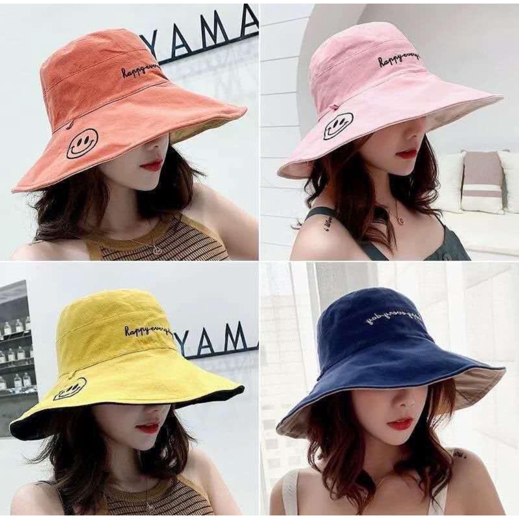 Topi Bucket korea / Bucket pantai Wanita Motif Bordir Smile Face untuk Outdoor bolak balik