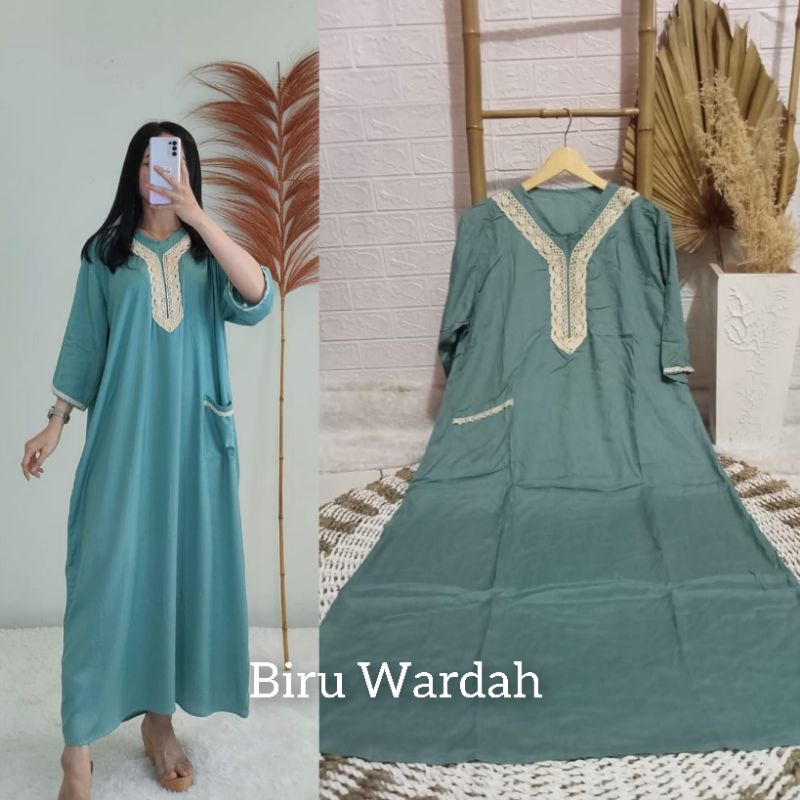 Daster BUSUI Arab Kekinian Tangan 3/4 (aisyah) / Daster Muslim Renda Jumbo LD 120 cm / Daster BUSUI /Daster kekinian /Daster Renda-Biru Wardah