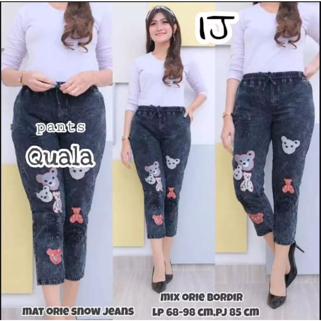 celana jeans wanita kekinian terbaru motif bordir qoala pants haruka jumbo