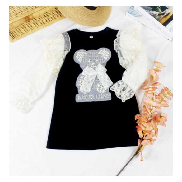 Dress Anak Warna Hitam Putih Gambar Beruang Gaun Rajut Lengan Panjang