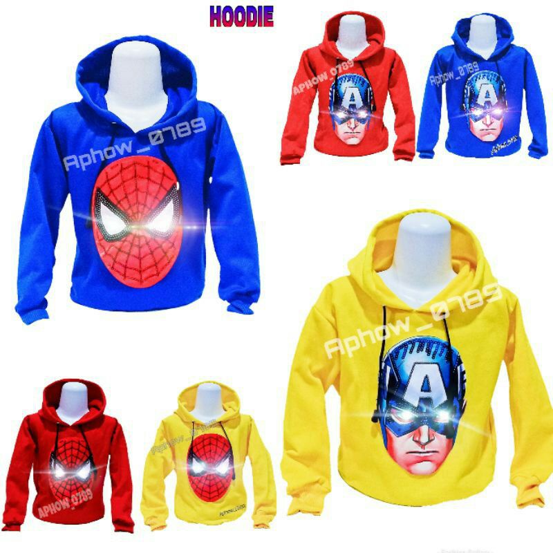 switer hoodie anak sweater hoodie LED [NYALA] motif karakter spiderman dan captain america sweater anak hoodie anak usia 3-9 tahun