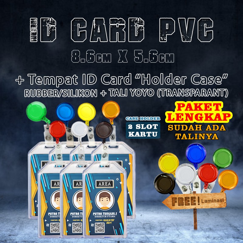 

Paket Lengkap Print dan Cetak ID Card/Kartu Identitas + Tempat ID Card Karet 2slot+Yoyo Transparant