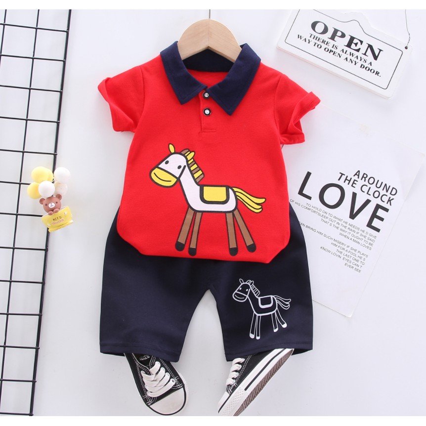 Setelan kaos polo shirt dan celana pendek/baju setelan bayi anak /pakaian anak laki laki  motif kuda