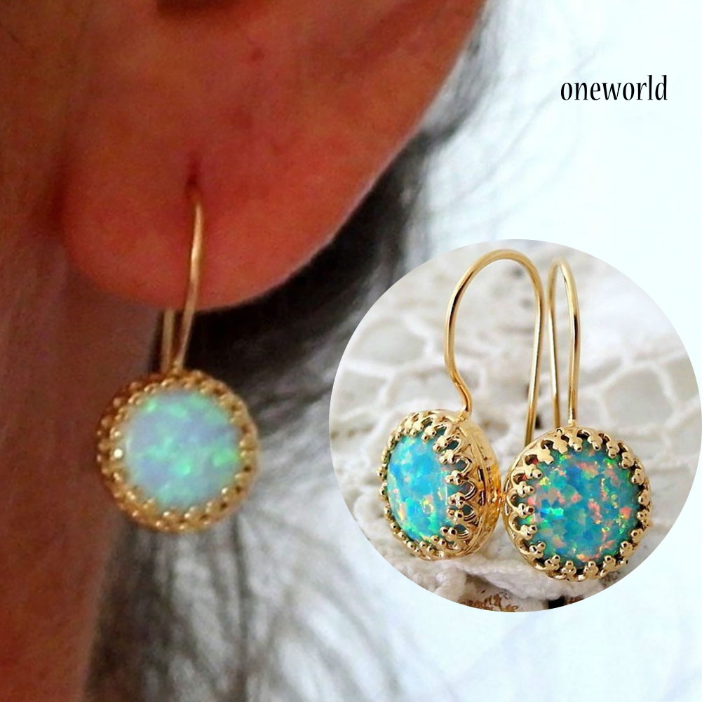 OW@ Vintage Women Multicolor Round Faux Opal Carved Dangle Hook Earrings Jewelry