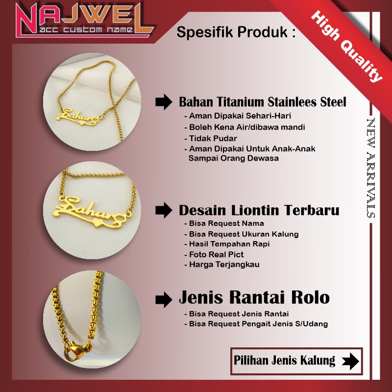 Kalung Custom Nama Titanium Anti Karat Gold dan Silver Rantai Rolo