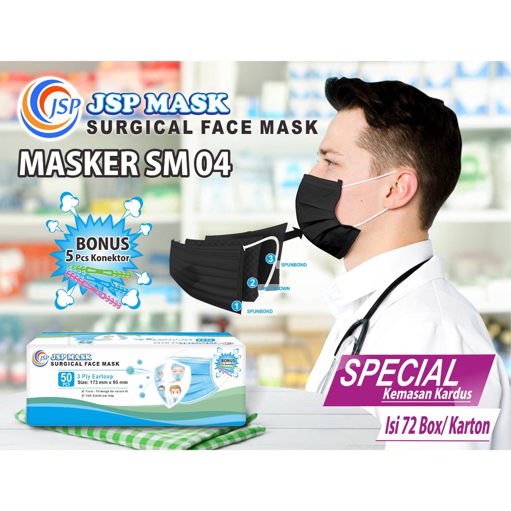 (BISA COD) Masker 3PLY isi 50 PC FREE 5 KONEKTOR  masker medis KEMENKES surgical JSP mask SM04