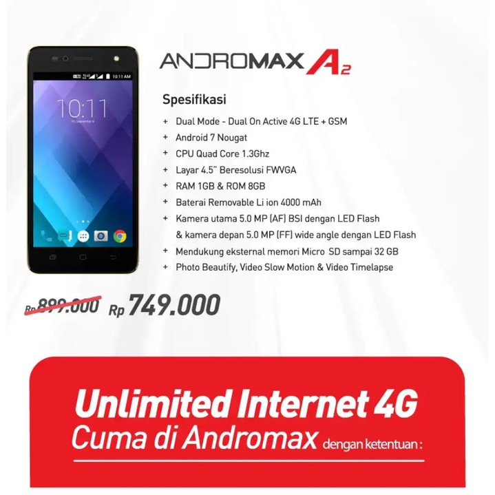 Handphone Smartphone 4G LTE & GSM Smartfren Andromax A2 Batt 4000mAh