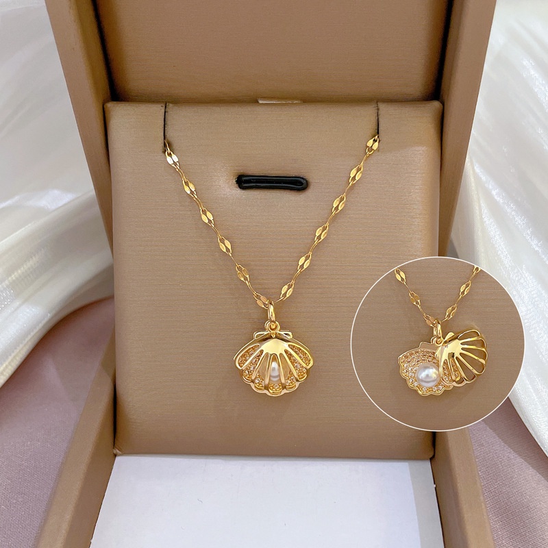 Kalung Rantai Lapis Emas 18K Dengan Liontin Kerang + Mutiara + Berlian Imitasi Untuk Wanita