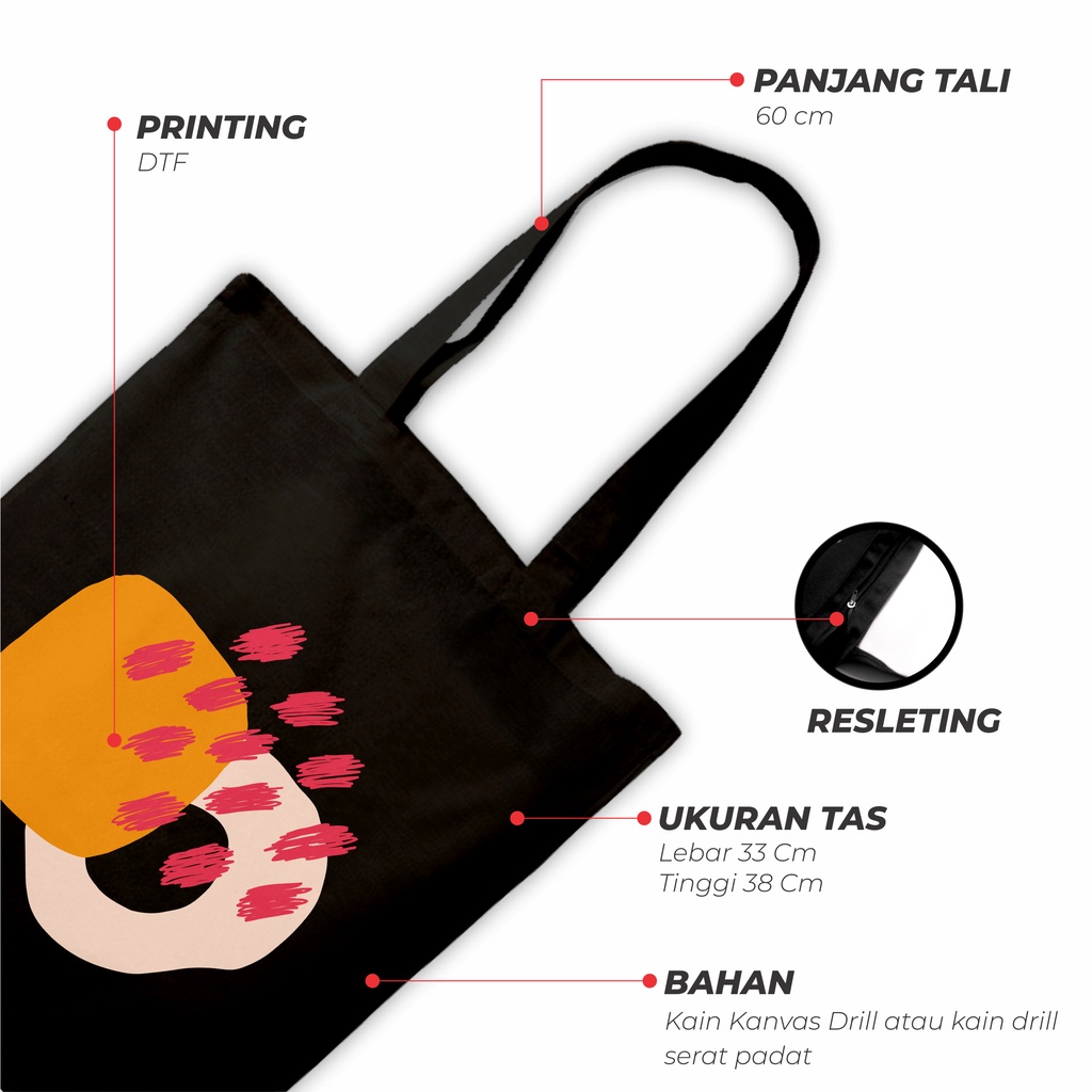 Sevine Tote Bag Resleting Tas Wanita Totebag Nordic Abstract style Black Series Hitam - NHF 1