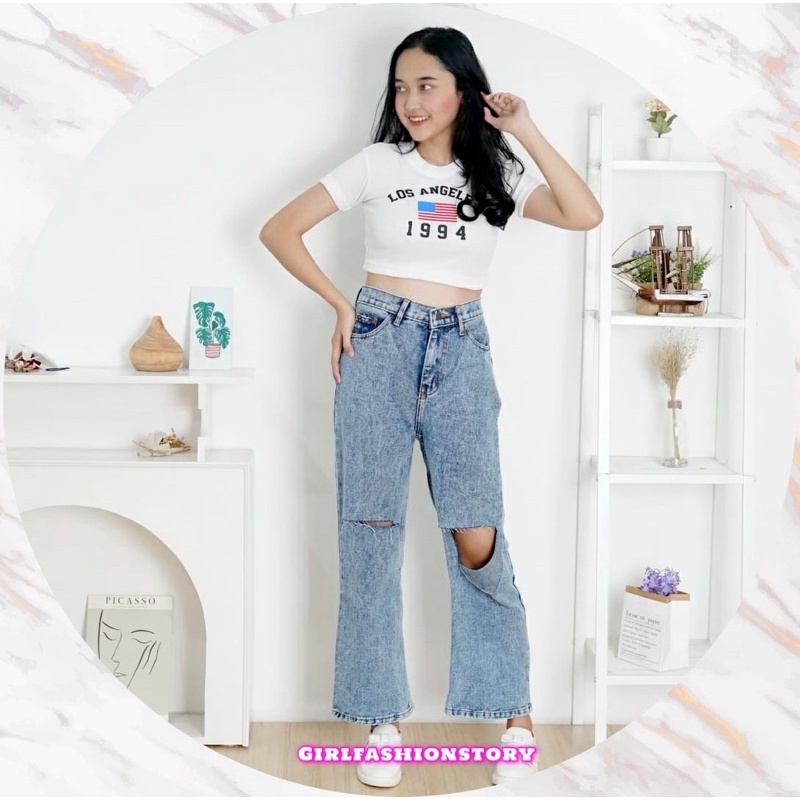 BEFAST - ZEC OOTD Wanita Kaos Crop EUNHA / LA 1994 Knit Rib Crop Top / Kaos Wanita Crop Top / Crop Top Lengan Pendek / Kaos Kekinian Remaja / Baju Crop Santai / OOTD Ala Style Wanita Korean / Terlaris