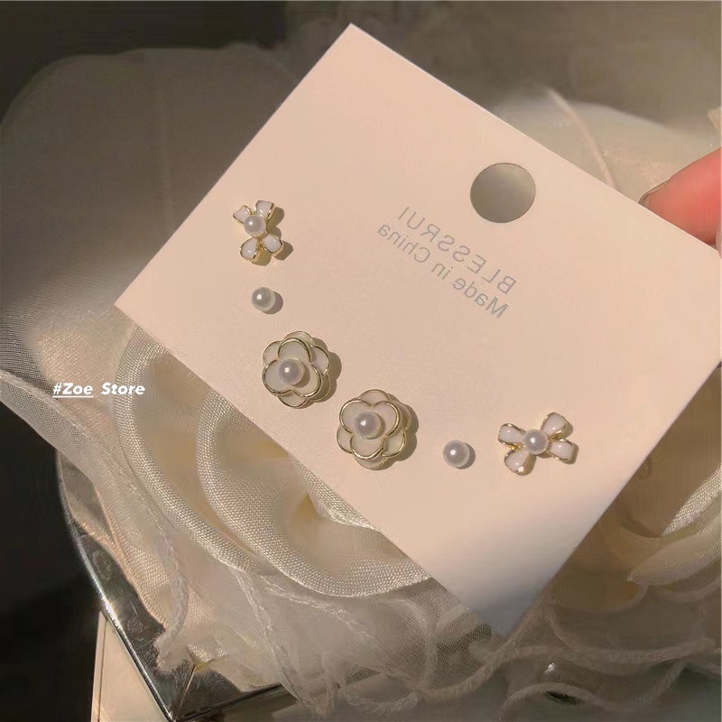 3 Pasang / Set Anting Mutiara Bentuk Bunga Camellia Pita Untuk Wanita