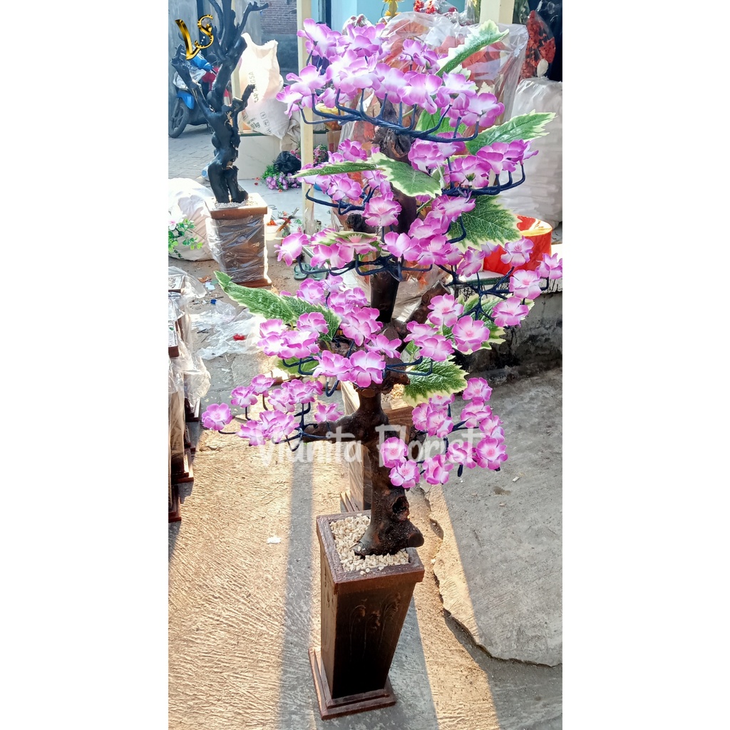 Artificial bunga hias sudut ruangan bonsai bunga besar cakar mawar Ungu 140 cm