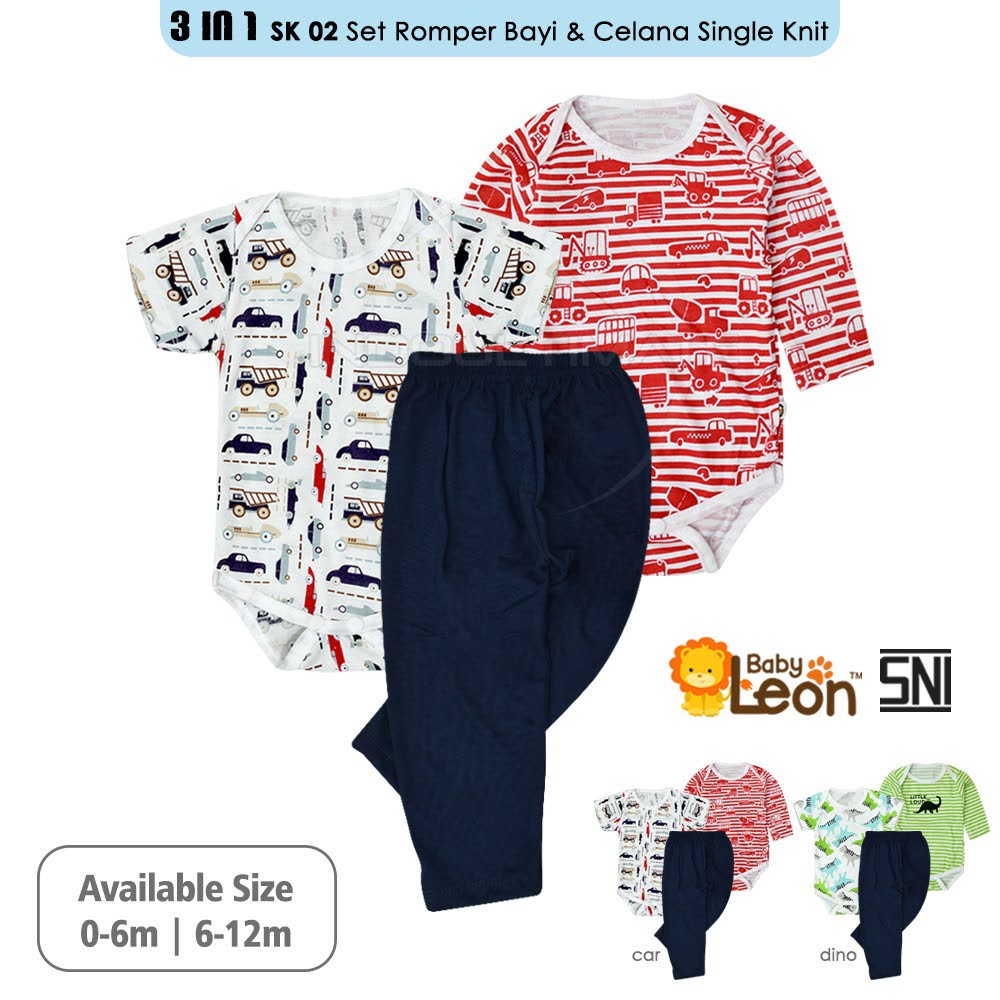 0-12m BABY LEON Set 3in1 Baju Jumper pendek panjang celana Bayi Bayi SET-SK02 Katun Single Knit baju celana atasan t-shirt setelan stelan kaos singlet romper jumper panjang pendek baju tidur baju pergi anak bayi baru lahir newborn laki laki perempuan