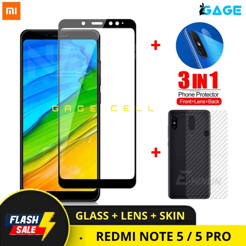 3IN1 TEMPERED GLASS LAYAR KAMERA SKIN CARBON REDMI NOTE 5 / 5 PRO 5PRO ANTI GORES BELAKANG PREMIUM