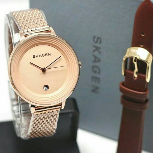 NEW JAM TANGAN WANITA SKAGEN RANTAI ROSGOLD SK-2333 UDAH PAKAI BOX