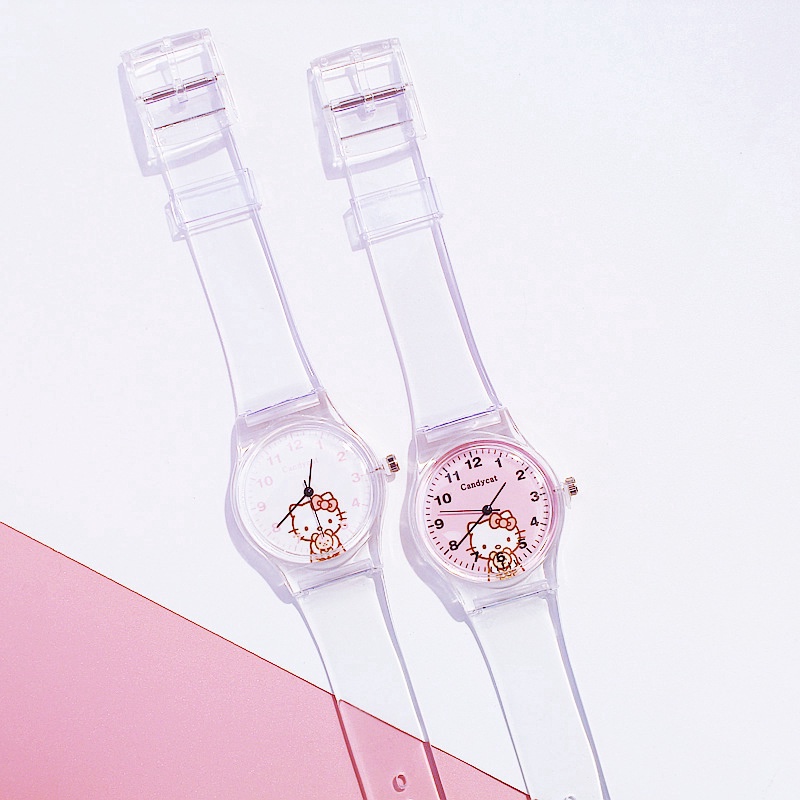 Hello Kitty Jam Tangan Wanita Jelly Rubber Transparant  Bening Karet Jam Tangan Murah