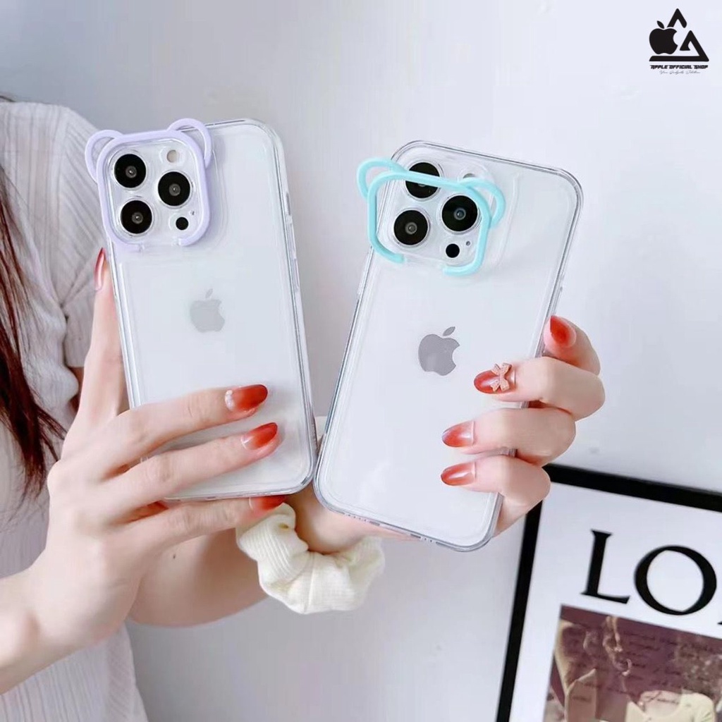 Softcase Lucu 3D Ear Frame Standing iPhone 13 PRO MAX 12 PRO MAX 11 PRO MAX XR X XS MAX 7 7+ 8 8+ SE 2 3 6 6+ Soft Clear Case Ear Bear Frame Camera Stand Bening SILIKON Kamera Protection