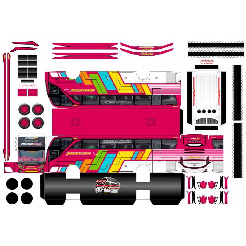 Lembaran Pola PaperCraft Bus Nusantara Pinkyboy JB3+SHD Skala 1:50