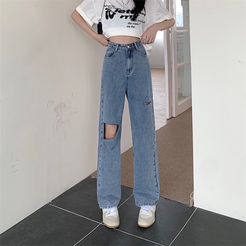 Celana HW jeans wanita/celana sobek lutut/celana jeans Loose wanita