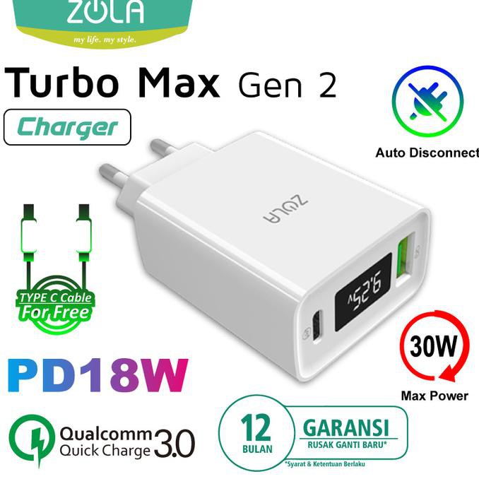 (((SIAP COD))) Zola Turbo Max Gen2 Charger QC 3.0 & PD For Ipad pro & Macbook Max 30W - Putih