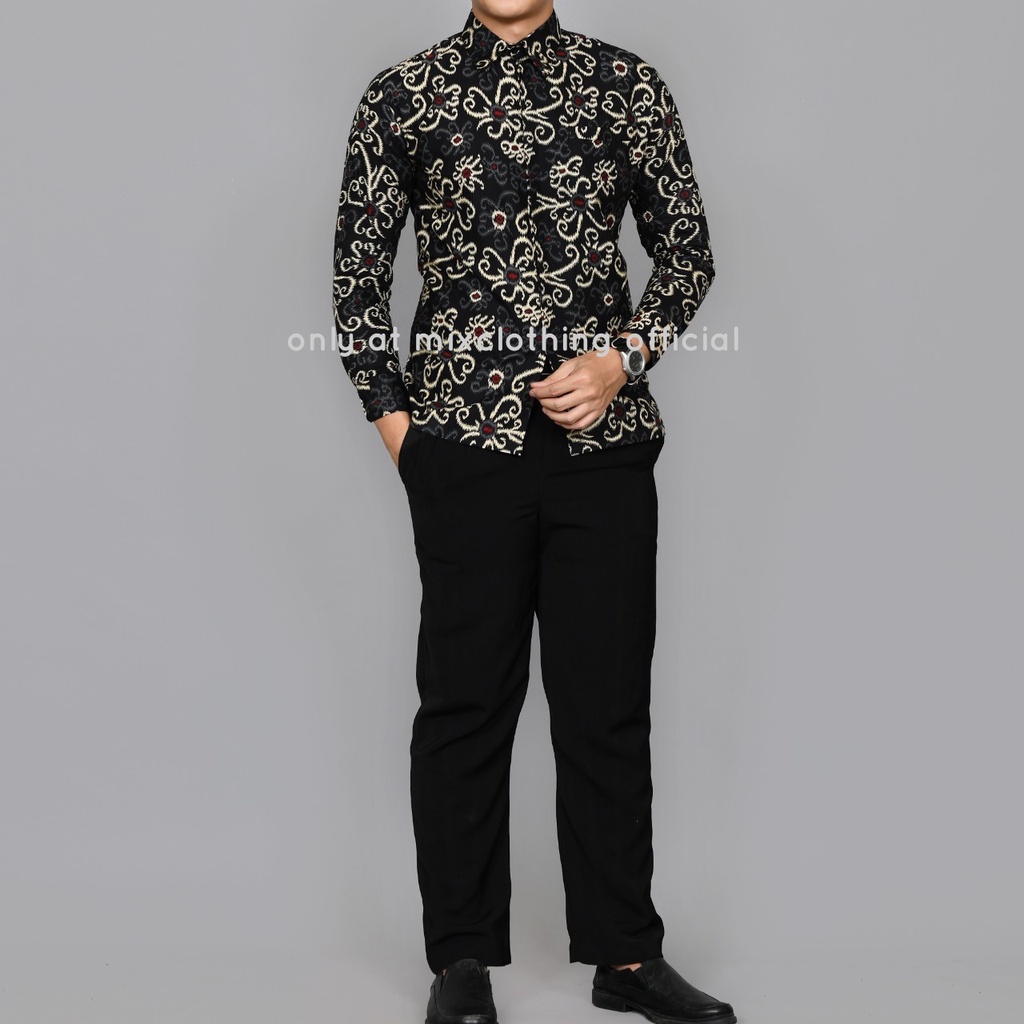 New Premium Baju Kemeja Batik Pria Reguler Fit Lengan Panjang Hitam Songket Bunga