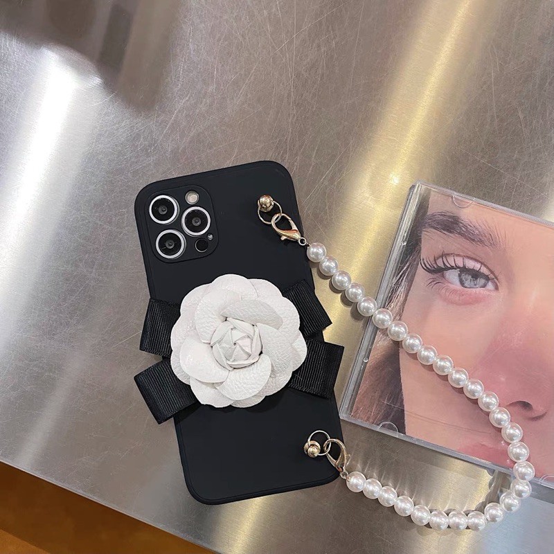 Flower Ribbon Case + Pearl Chain Iphone 12 11 pro max Samsung A32 A52 Vivo Y50 V21 Se Y20 Realme 6 7