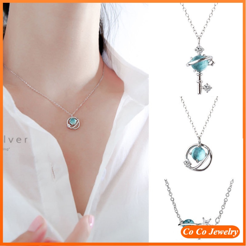 Kalung Fashion Chain Necklace Blue Crystal Planet Sapphire Clavicle Pendant Necklace Fashion Jewelry