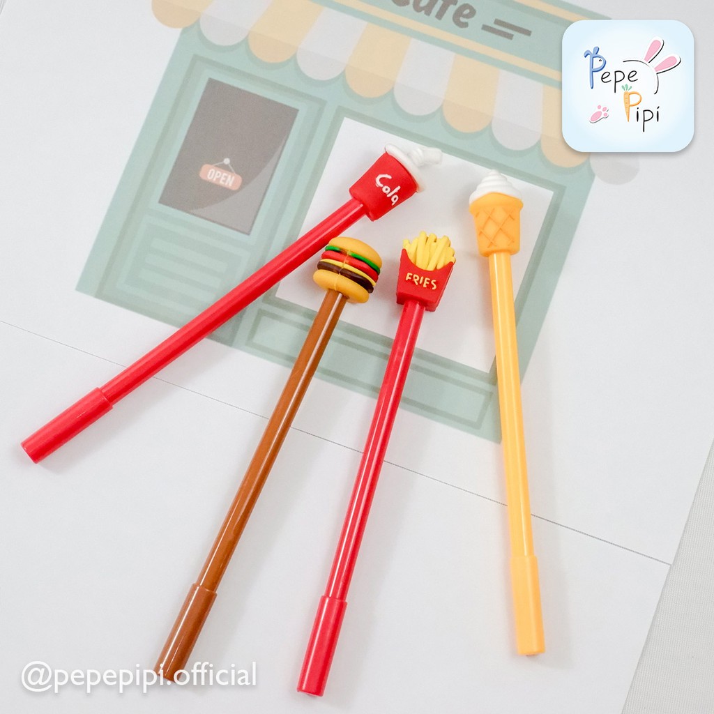 4 &amp; 12 pcs Pena Junk Food Burger Soda Cola Es French Fries Pen Pulpen Bolpen Karakter Selusin