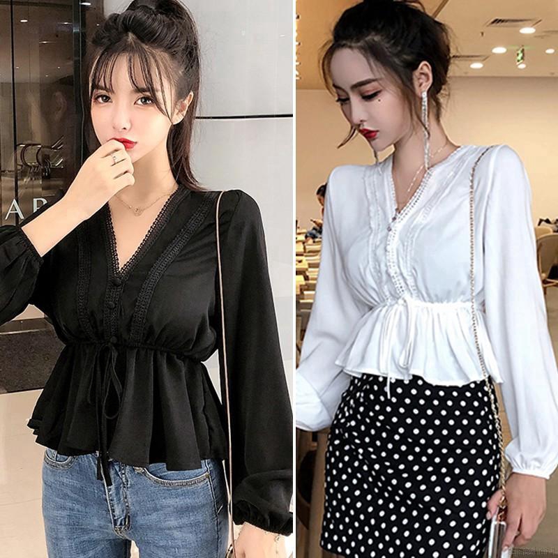 Kemeja Wanita Model Ruffle Lengan Panjang Dengan Kerah V Neck Dan Hiasan Renda Shopee Indonesia