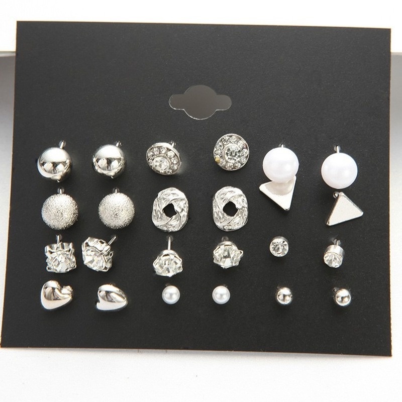 12 pairs plate square zircon earrings peach heart diamond earrings