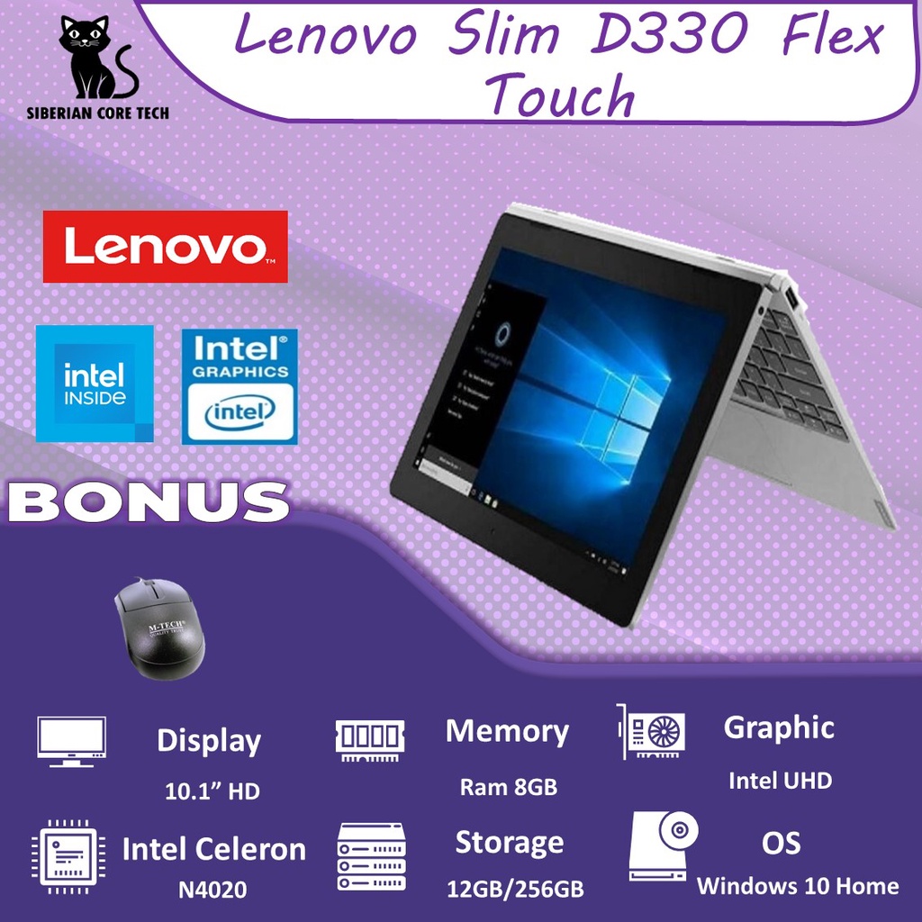 LAPTOP LENOVO FLEX D330 TOUCH N4020 8GB 256GB W10PRO 10.1 GRY