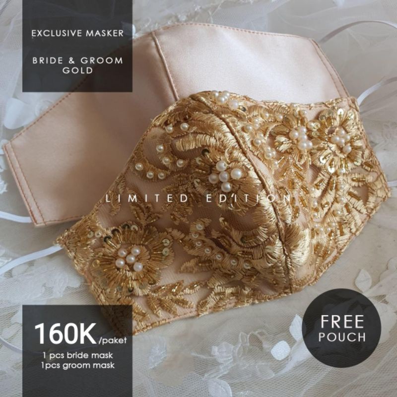 MASKER KAIN BROKAT PREMIUM UNTUK GROOM & BRIDE WARNA GOLD.. MASKER PESTA/FASHION/KONDANGAN/WEDDING