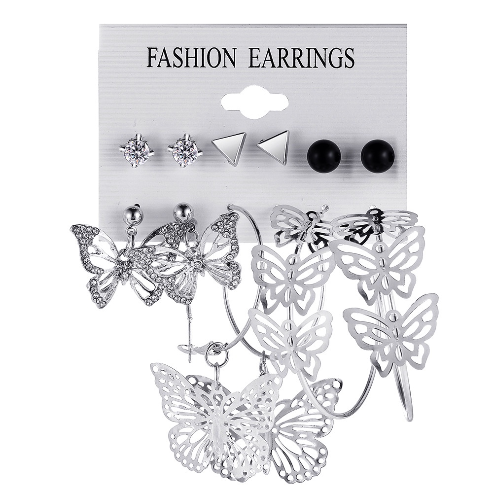 Set Anting Hoop Butterfly Geometris Irregular Bahan Logam Resin Akrilik Warna Silver Untuk Wanita
