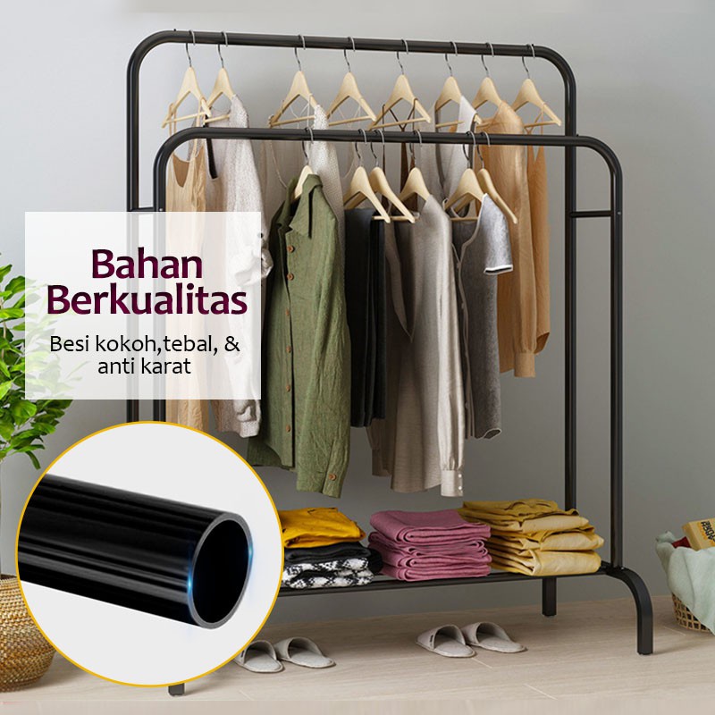 Hanger Gawang Besi Kuat Putih Hitam Butik Display Gawangan Gantungan Baju BESI KOKOH Stand Cloth Double Rack Gawang Baju Stand Cloth Hanger Double Gantungan Baju Stand Hanger rumah_kita2020