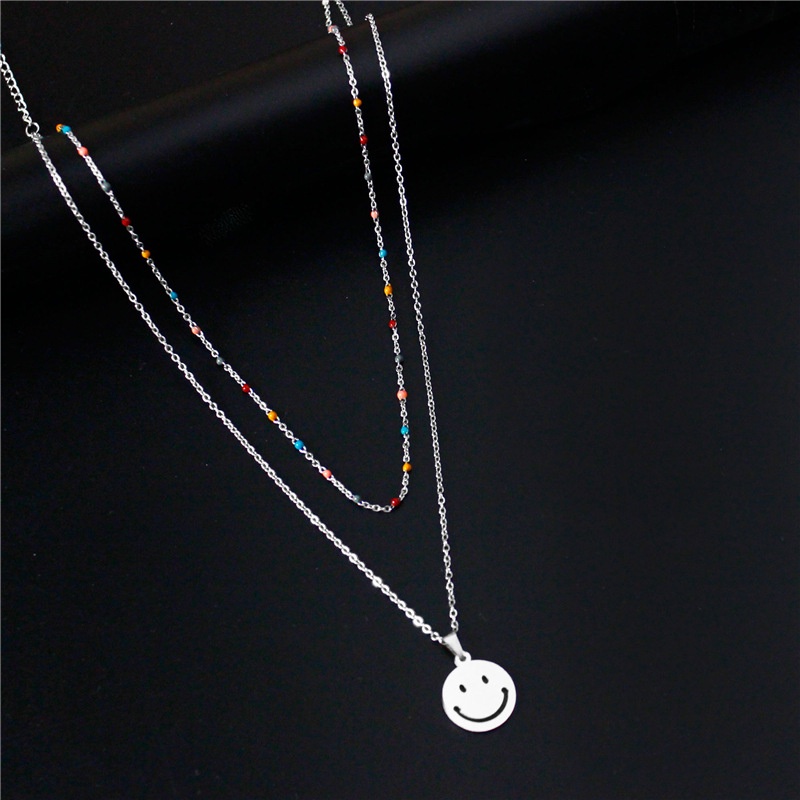 Korea Dongdaemun stainless steel light mewah smiley wajah bulat double-layer kalung wanita minyak ra