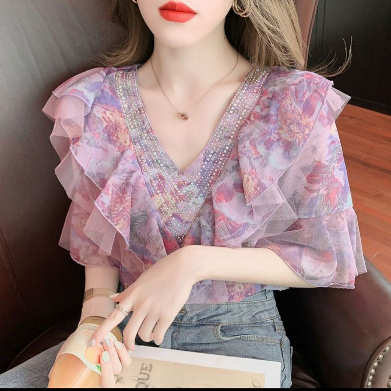 MDLV ~ 7092# Roseville Beaded Top Atasan Blouse Flower Fashion Import