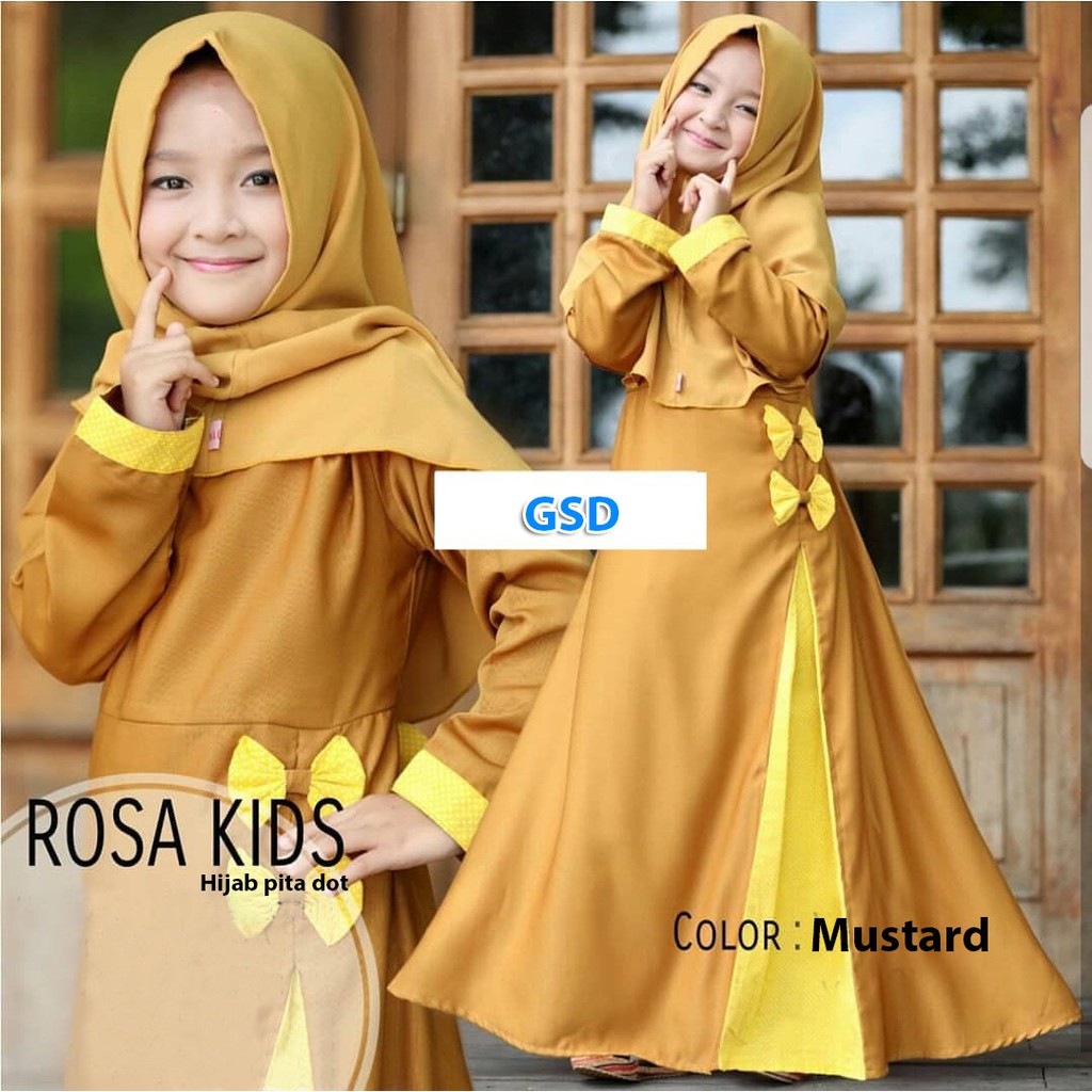 hijab rossa kids mustard/baju maxi+bergo anak/baju gamis muslim anak/setelan baju gamis+bergo