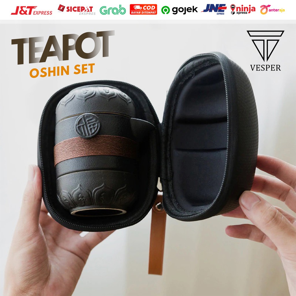japanese tea pot oshin set / teko teh kopi ceramic travel portable / teapot keramik black hitam