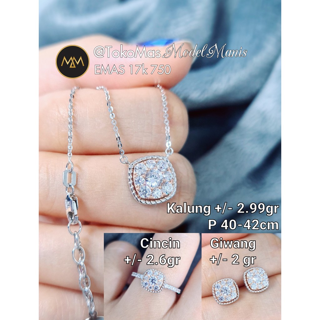 Perhiasan set emas putih kalung giwang cincin model kotak diamond looks emas putih 750 kadar 17k