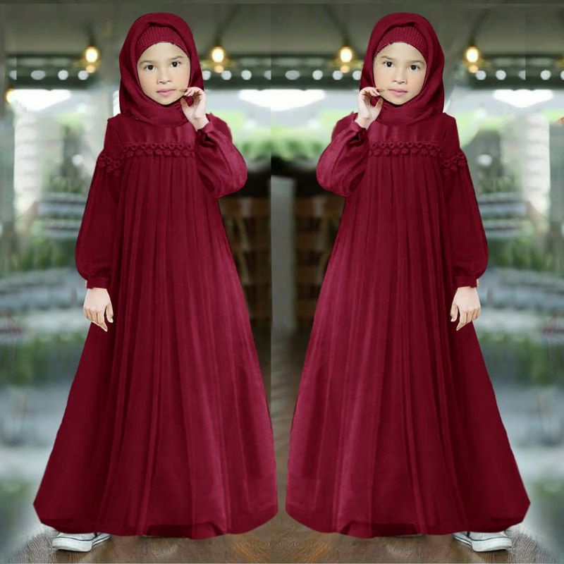 MAXY NURAINI KID ANAK, RENDA TILE, MOSCREPE PREMIUM, GAMIS HIJAB MUSLIM, DRESS, 3 UKURAN