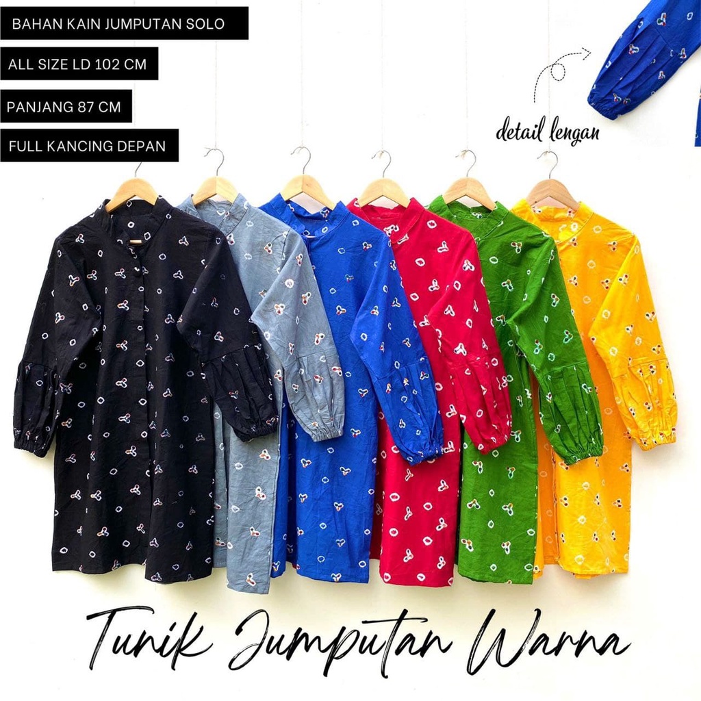 PREMIUM TUNIK Jumputan Warna Dress Batik Muslim Lengan Panjang Katun Wanita Pesta Modis Kancing Depan 6 Warna Bahan Kain