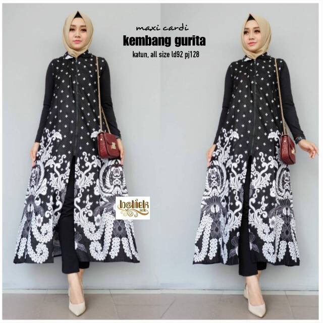 Maxi Cardi Kembang Gurita Outer Kardigan Batik Monokrom Sogan Pesta Sarimbit Couple