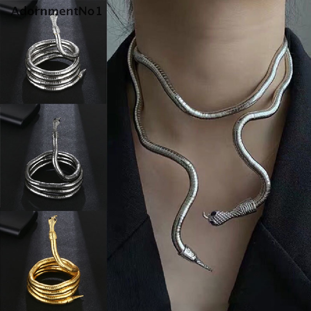 (AdornmentNo1) Kalung Rantai Metal Adjust Gaya Punk Hip Hop Motif Ular Warna Gold / Silver Untuk Wanita