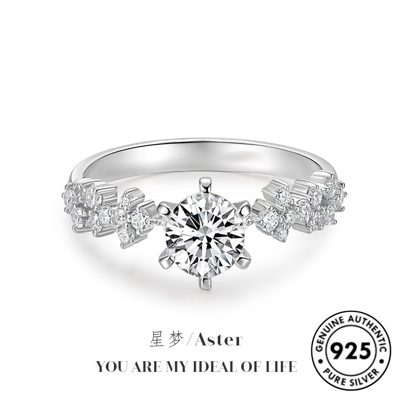 Cincin Sterling Silver 925 Desain Bunga Hias Berlian Imitasi Elegan Untuk Wanita