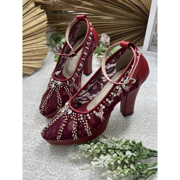 sepatu wedding shoes naira merah marron tali tinggi 10cm