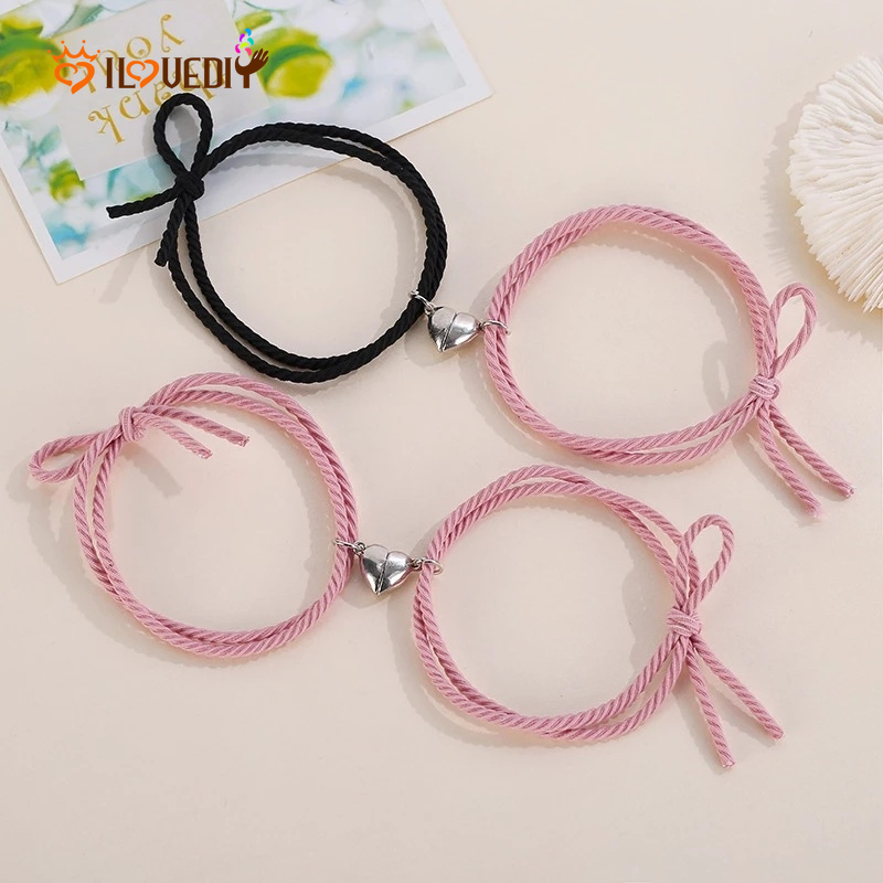 2pcs / Set Gelang Tali Persahabatan Liontin Hati Magnetik Untuk Pasangan