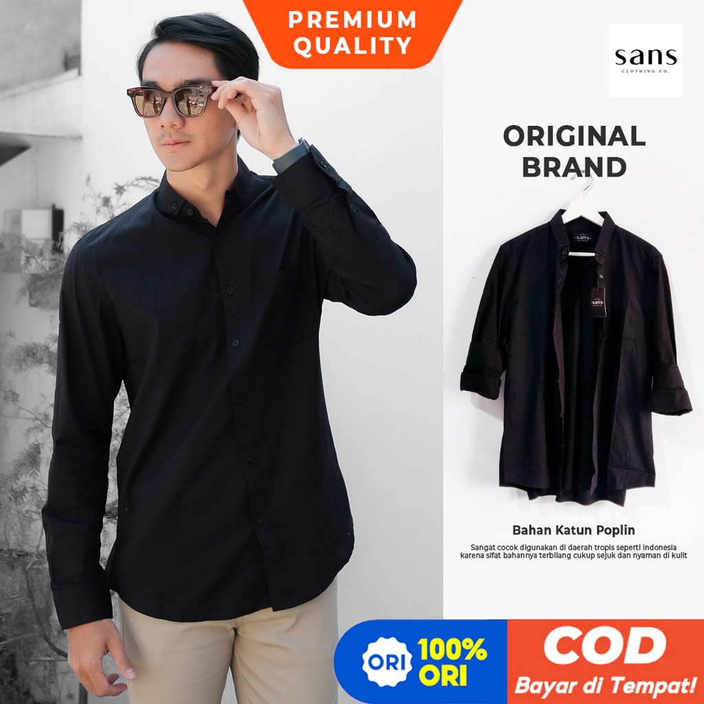 Kemeja Hitam Polos Pria Lengan Panjang Slim Fit Premium Basic Shirt Hem Kerja Hitam Pria Bahan Katun