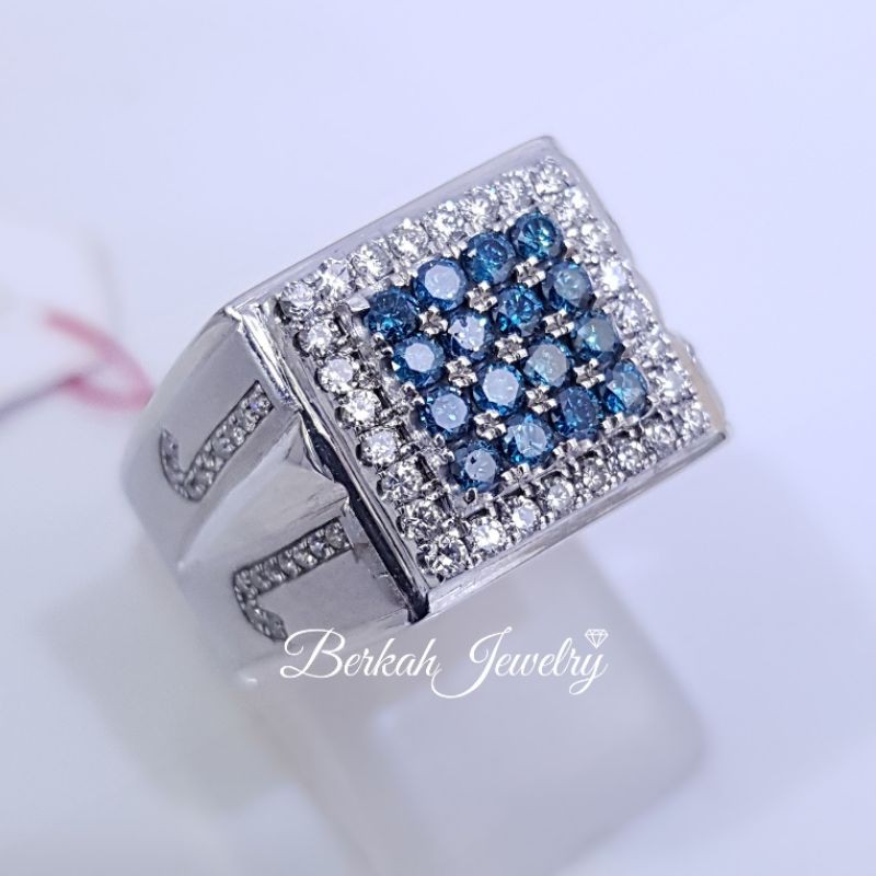 Cincin perak berlian biru dan putih asli natural diamond