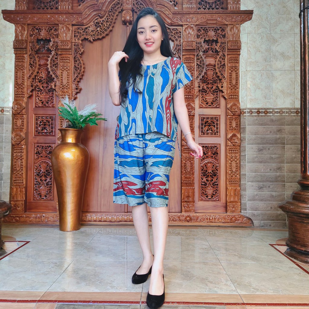 Piyama Pendek Tree Style Rayon Super 03-BIRU MAROON TREE